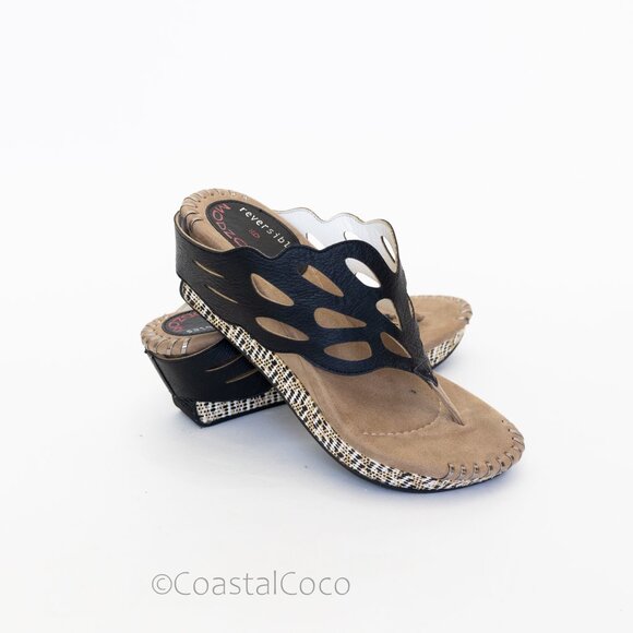 Modzori Troya Reversible Sandals 9 Wedge Thong Black/White Cutout Bohemian Artsy - Picture 6 of 10